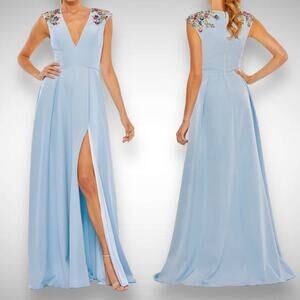 Mac Duggal Ieena Beaded Cap Sleeve‎ V-Neck A Line Gown Dress Size 14 French Blue